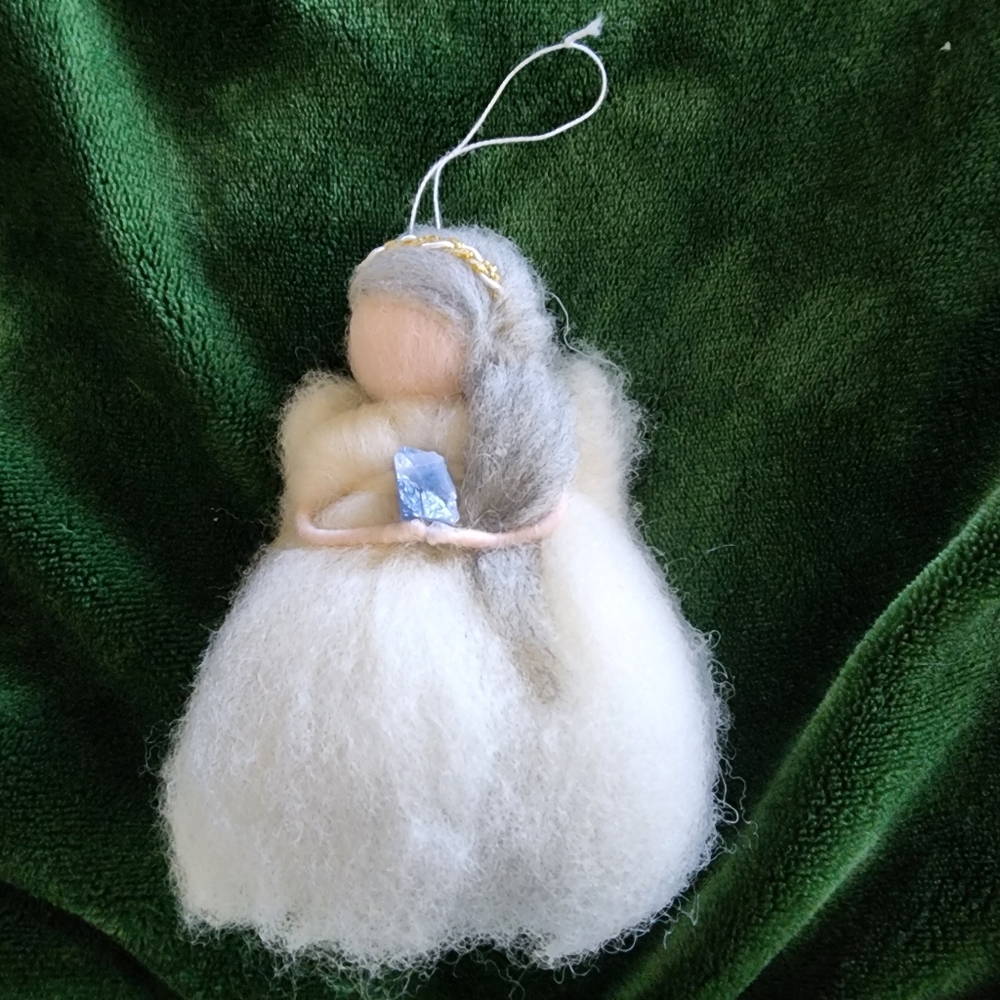 Wool Felted Angel holding Lapis 6"